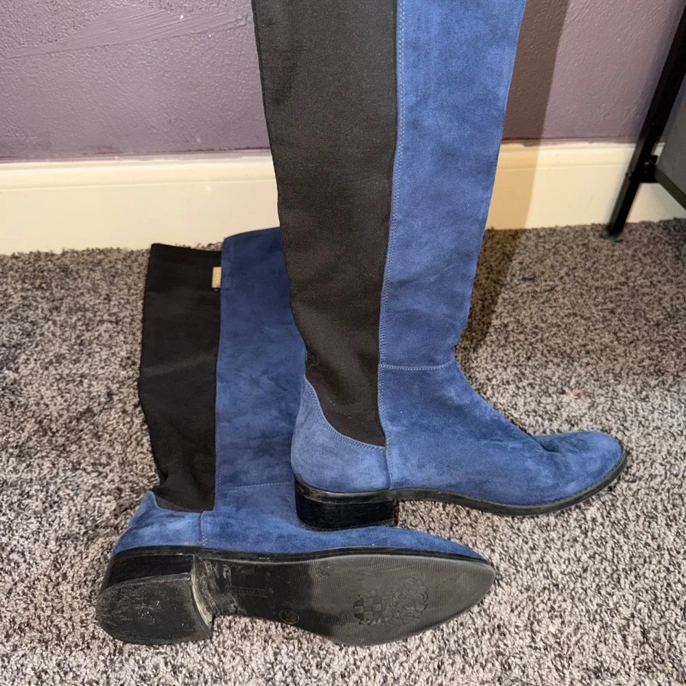 Vince Camuto Blue Suede Black Stretch Over The Knee Boots Womens 9M 39 Low Heel